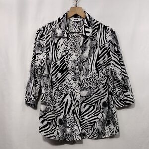 Alia Animal Print Patchwork Button Shirt Womens XL Black White Retro 90s Y2K